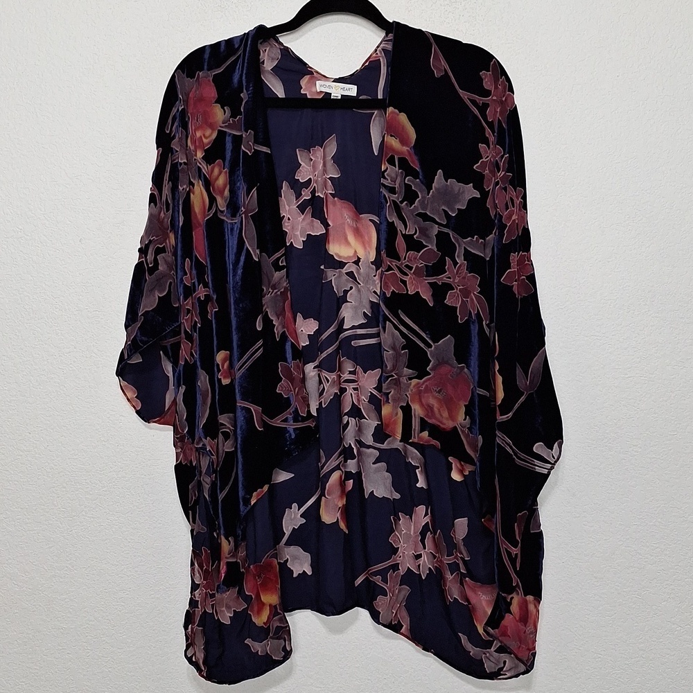 Woven Heart Navy Blue Burgundy Floral Whimsigoth Burnout Velvet Duster One Size